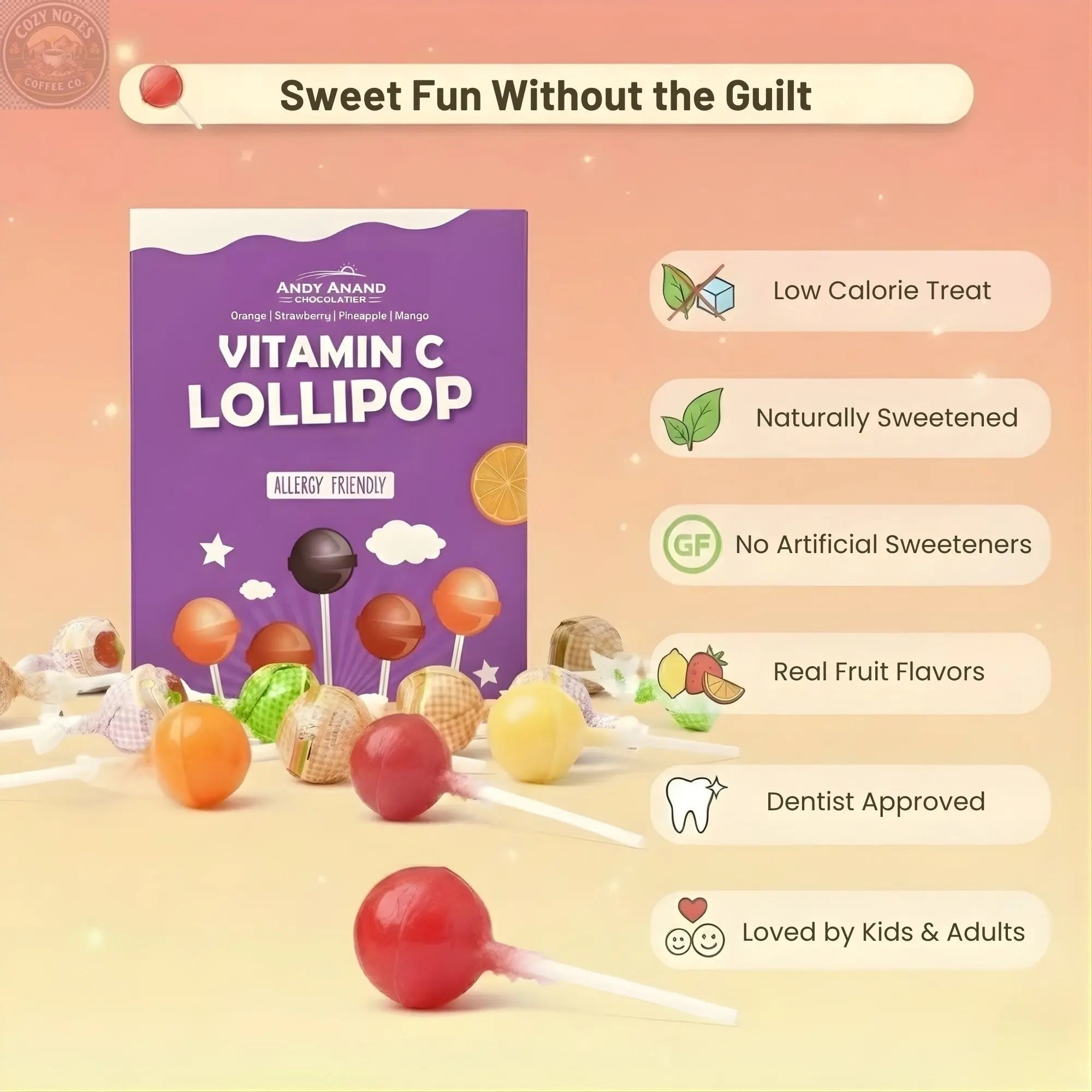 Andy Anand Sugar-Free Vitamin C Lollipops, 29 ct, 8.8 oz – Real Fruit Juice, Keto, Kids Immune Support, Birthday & Holiday Gift Box Andyanand