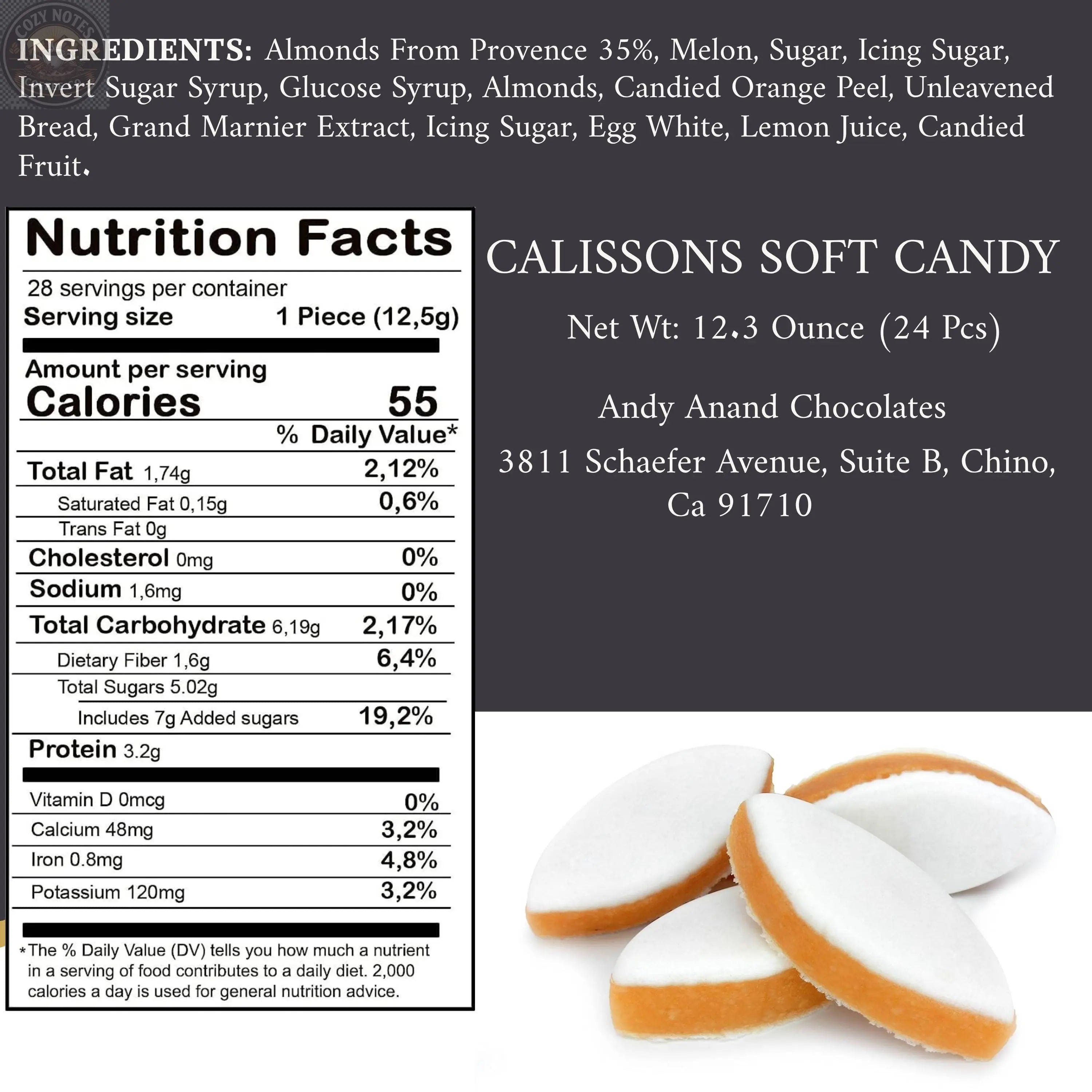 Andy Anand Calissons de Provence, 28 pc, 12.3 oz – Imported Soft Almond Paste with Candied Fruit, French Confection, Birthday & Holiday Gift Andyanand