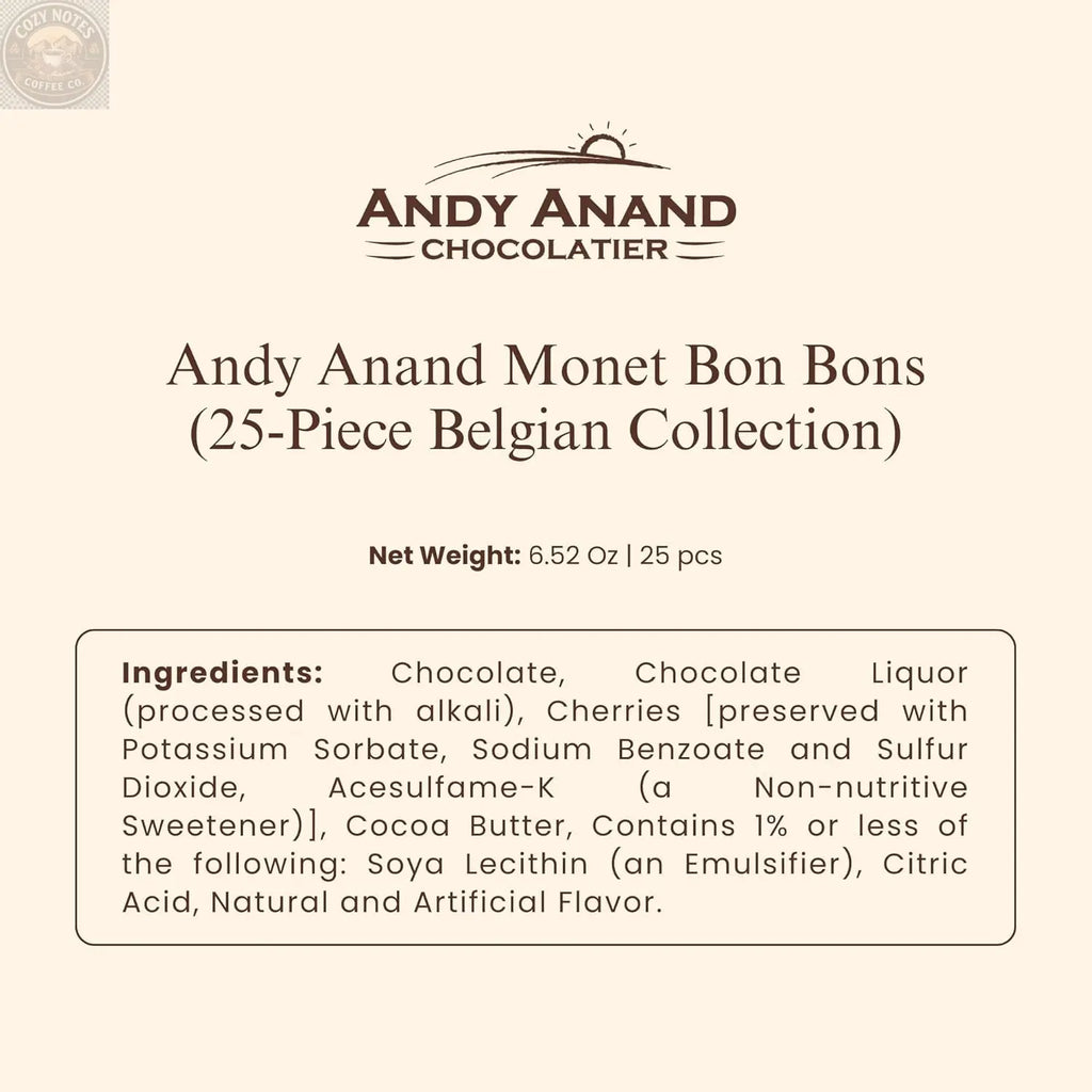 Andy Anand Monet Chocolate Bonbons Gift Box, 25 pc, 6.52 oz – Gluten-Free Belgian Truffles & Pralines, Birthday & Holiday Gift Collection Andyanand