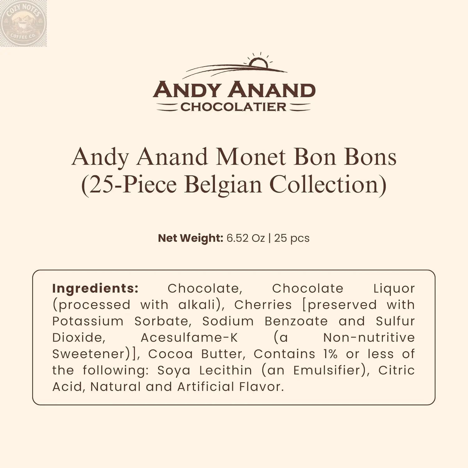 Andy Anand Monet Chocolate Bonbons Gift Box, 25 pc, 6.52 oz – Gluten-Free Belgian Truffles & Pralines, Birthday & Holiday Gift Collection Andyanand