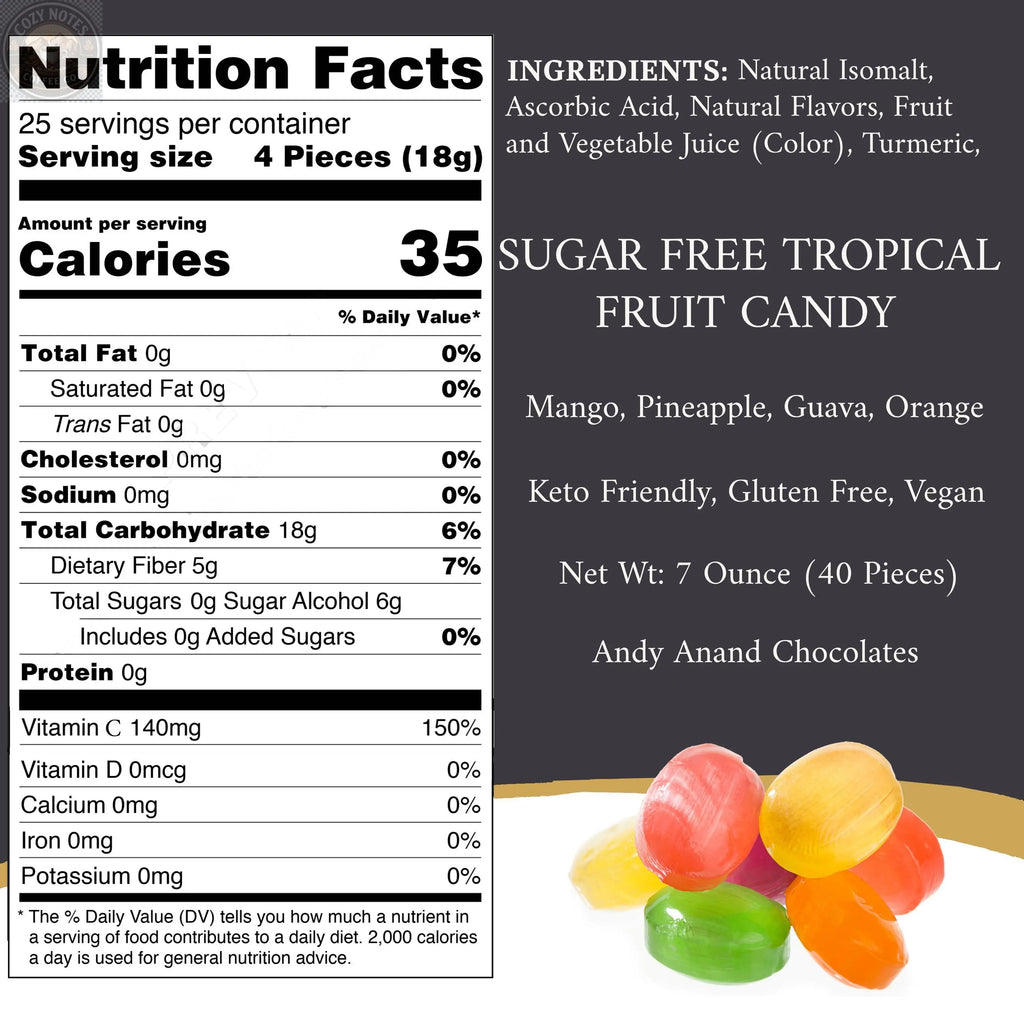 Andy Anand Sugar-Free Tropical Fruit Hard Candy with Vitamin C, 40 ct, 7 oz – Low-Calorie, Keto, Gluten-Free, Diabetic-Friendly Gift Box Andyanand