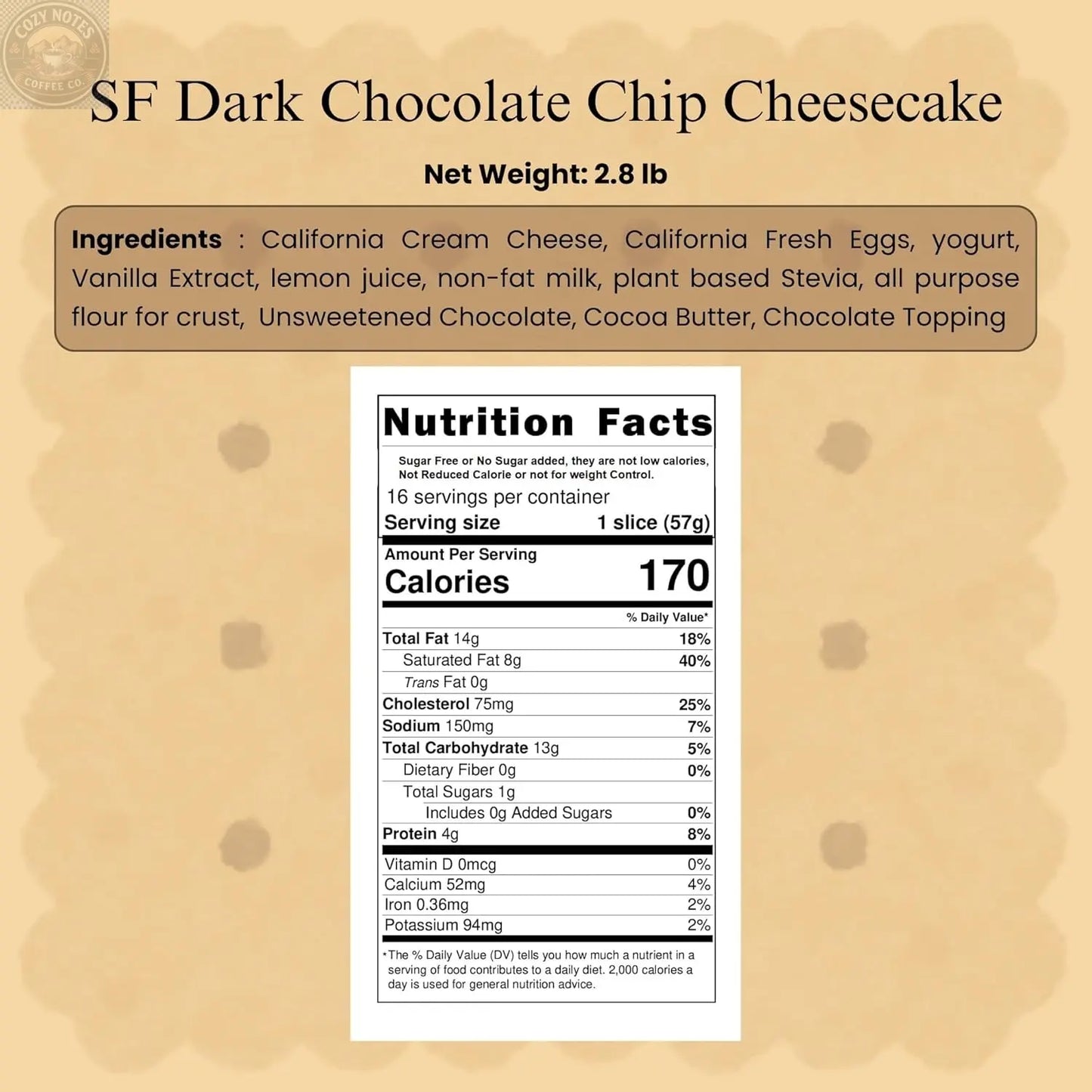 Andy Anand Sugar-Free Dark Chocolate Chip Cheesecake, 9-Inch, 2 lb – Diabetic-Friendly, California Cream Cheese, No Preservatives Gift Box