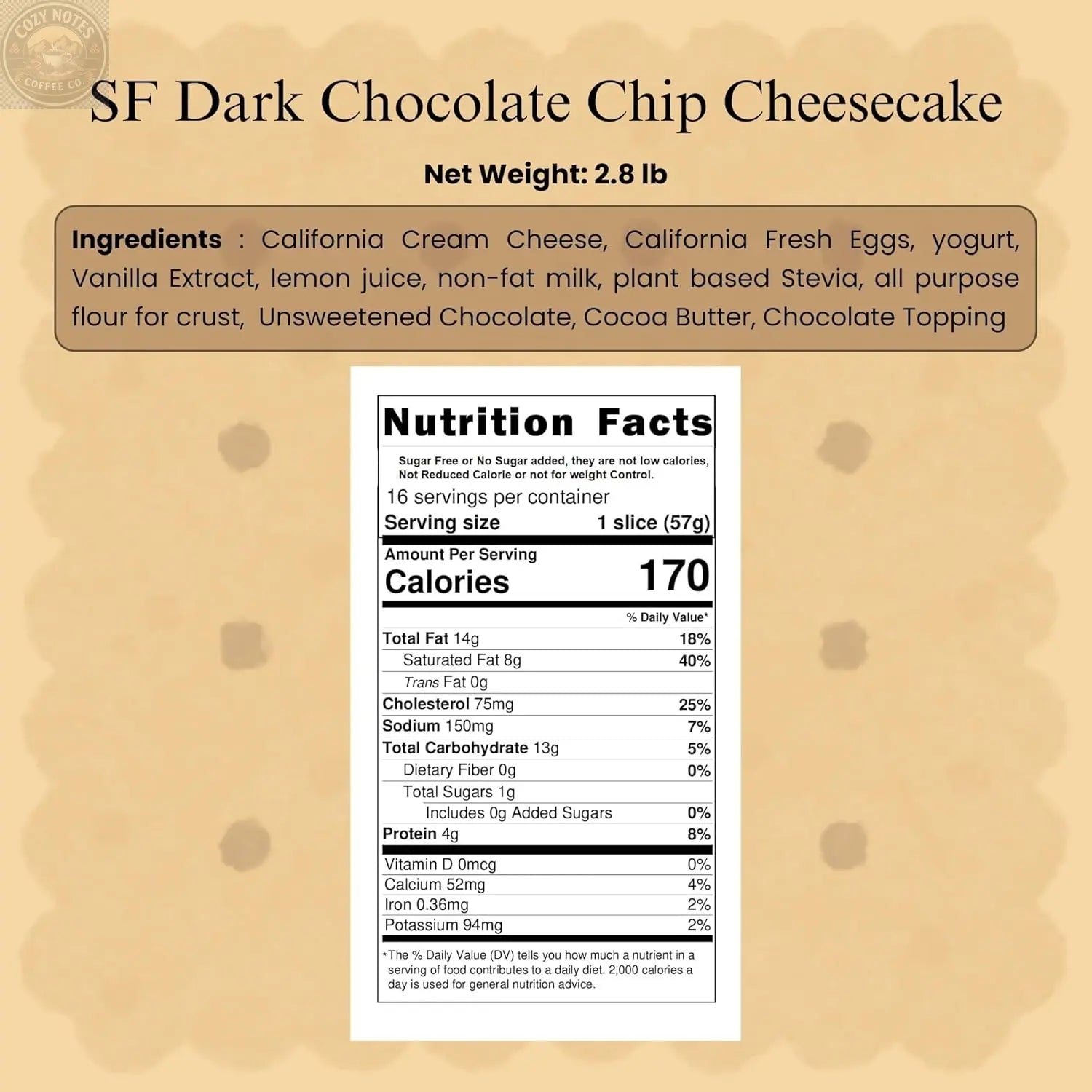 Andy Anand Sugar-Free Dark Chocolate Chip Cheesecake, 9-Inch, 2 lb – Diabetic-Friendly, California Cream Cheese, No Preservatives Gift Box Andyanand