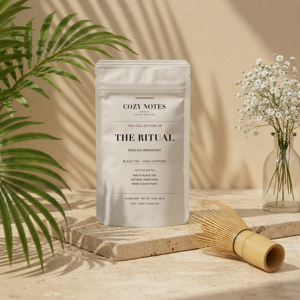 A stand-up pouch of Cozy Notes Tea Collection 24 'The Ritual' English Breakfast black tea sits on a stone slab. The scene is styled with a bamboo whisk, a glass vase of baby's breath, and a palm leaf against a warm beige wall with leaf shadows.