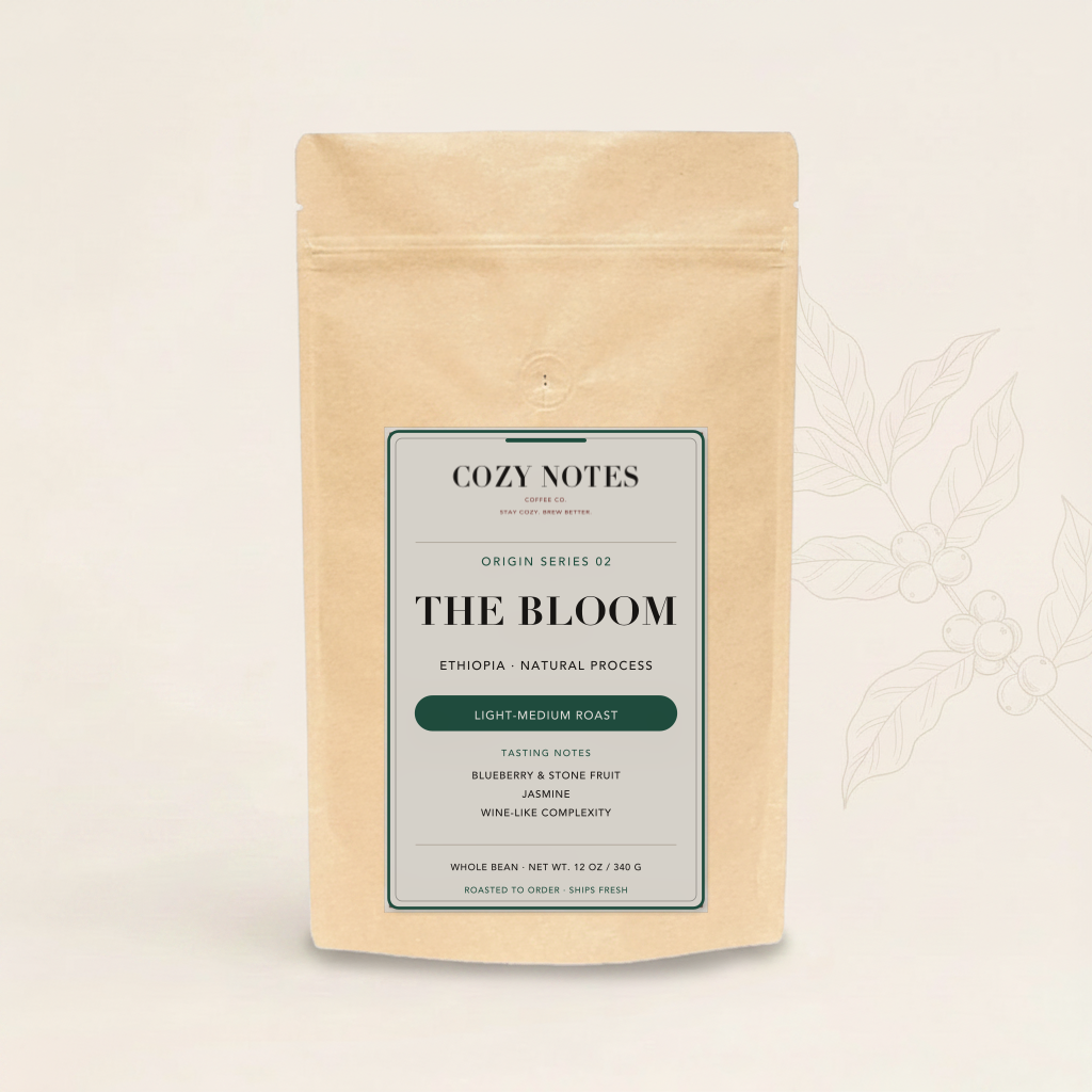 The Bloom — Ethiopia Natural Single Origin Coffee, Light-Medium Roast — Cozy Notes bag of small-batch coffee, roasted to order