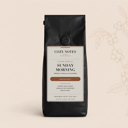 A black coffee bag from Cozy Notes, labeled 'Sunday Morning' on a warm beige background with a faint coffee bean illustration on the right.