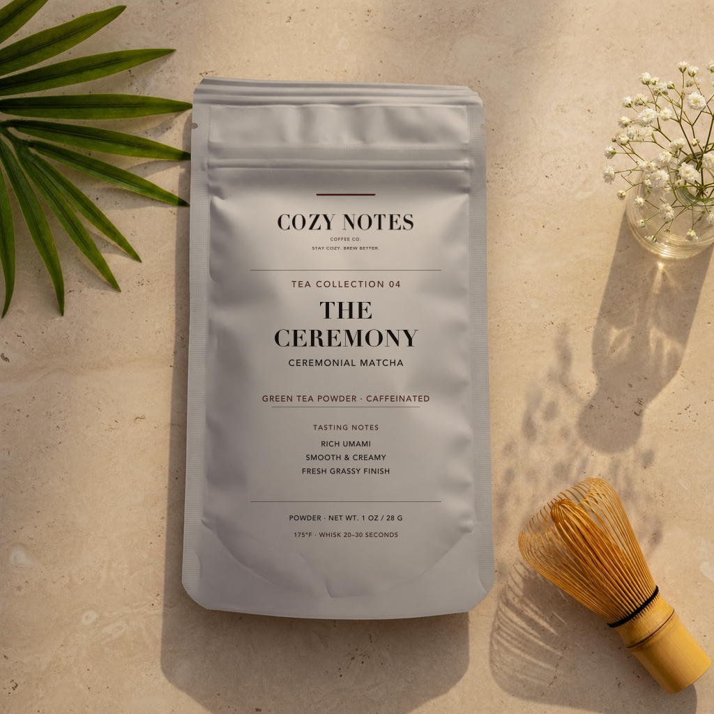 A stand-up pouch of Cozy Notes The Ceremony ceremonial matcha green tea powder, styled on a beige stone surface with a bamboo whisk and small white flowers.