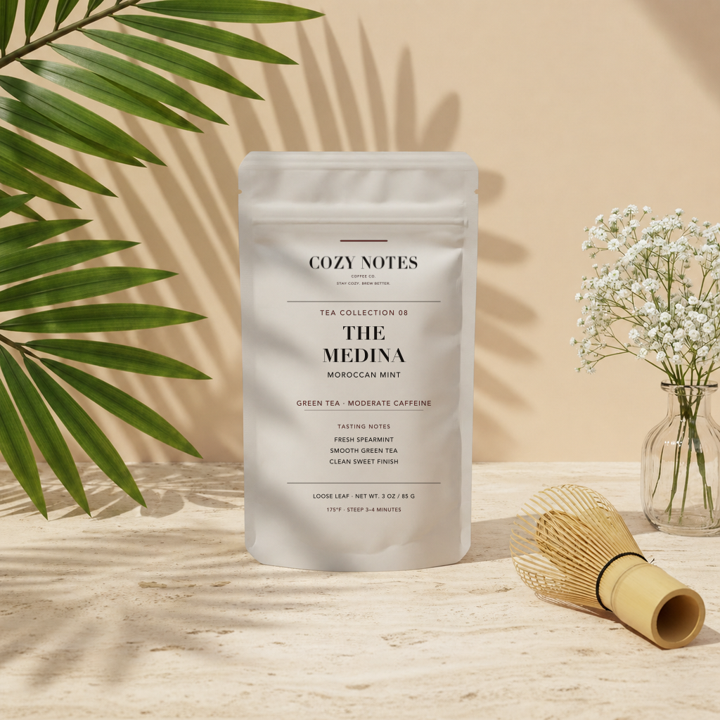 A stand-up pouch of Cozy Notes The Medina Moroccan Mint tea, styled on a light wooden surface with palm leaves, baby's breath flowers in a glass vase, and a bamboo whisk against a warm beige background.