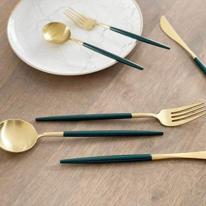 Altin Flatware Set – Forest Green & Brushed Gold Tea + Linen