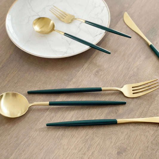Altin Flatware Set – Forest Green & Brushed Gold Tea + Linen