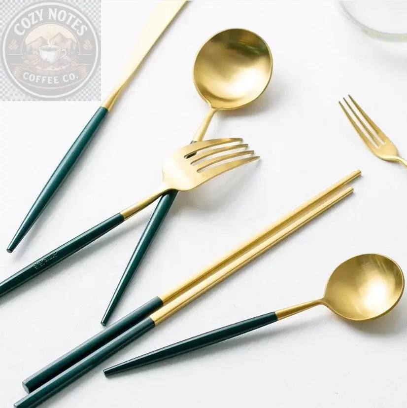 Altin Flatware Set – Forest Green & Brushed Gold Tea + Linen