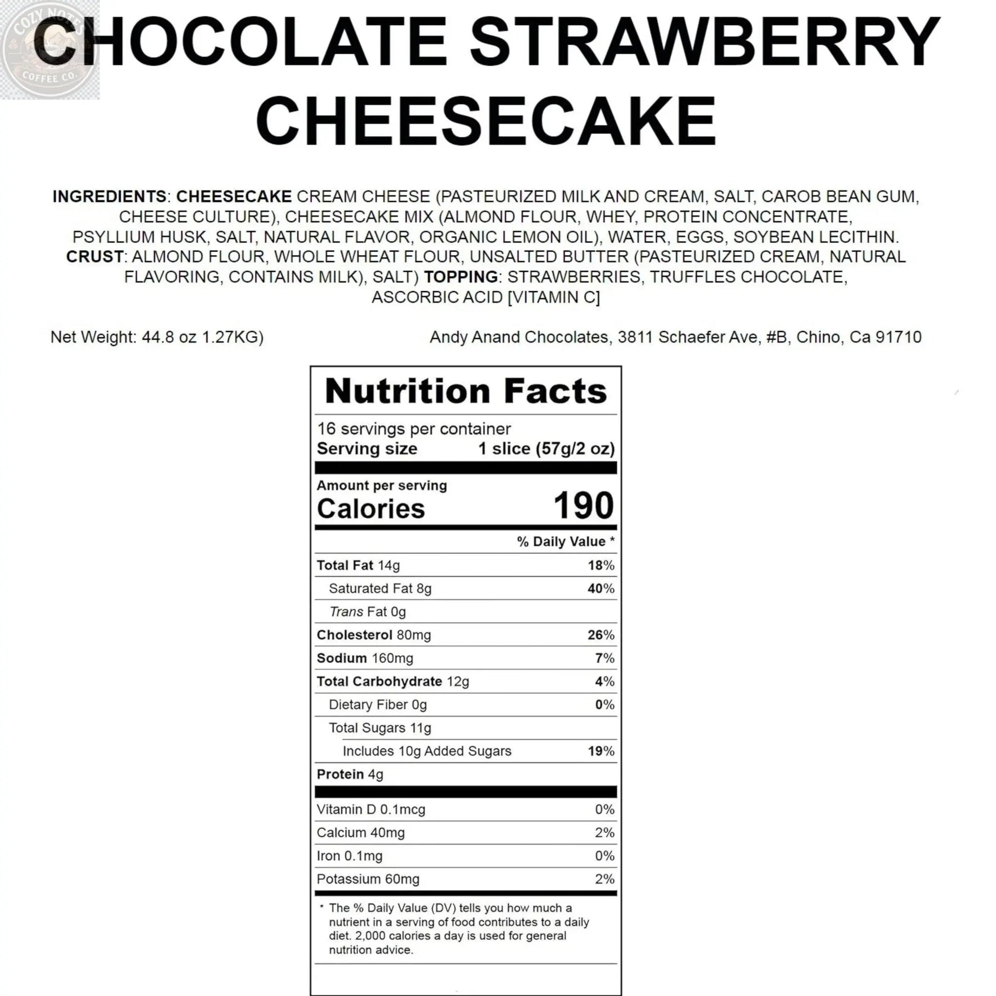 Andy Anand Chocolate Strawberry Cheesecake, 9-Inch, 2.8 lb – Real Chocolate Truffles, California Cream Cheese, No Preservatives Gift Box Andyanand