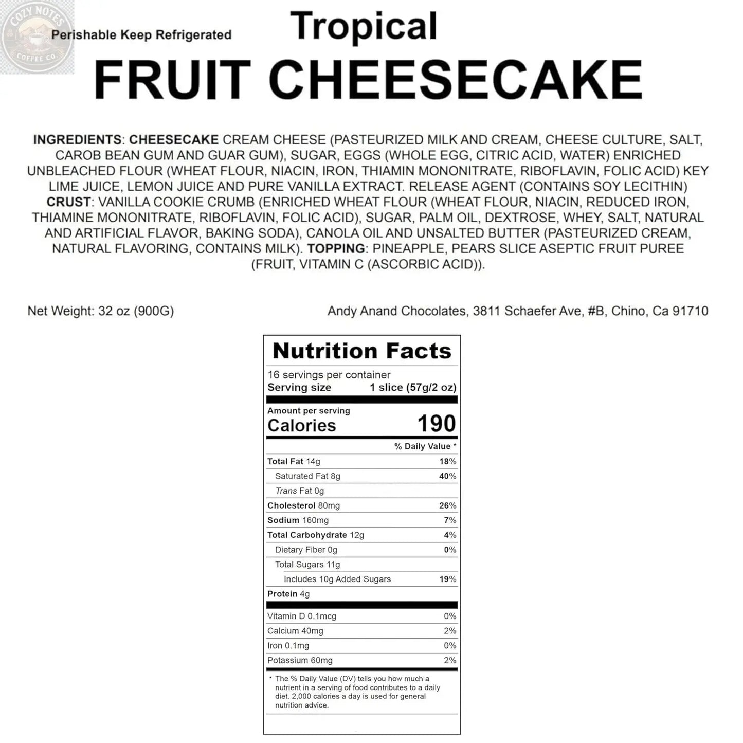 Andy Anand Tropical Fruit Cheesecake, 9-Inch, 2 lb – Pineapple, Pears & Peach Glaze, NY-Style, Real California Cream Cheese Gift Box