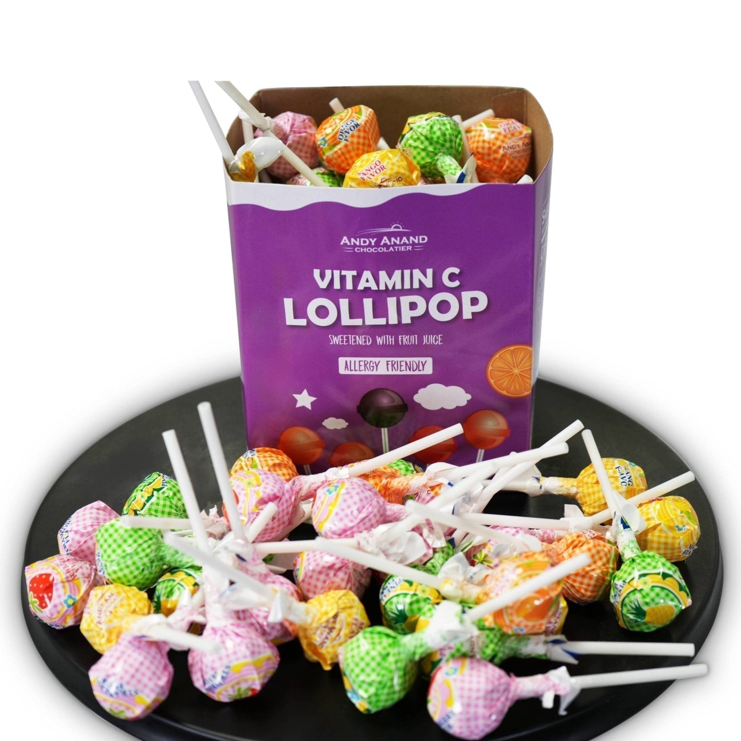 Andy Anand Sugar-Free Vitamin C Lollipops, 29 ct, 8.8 oz – Real Fruit Juice, Keto, Kids Immune Support, Birthday & Holiday Gift Box