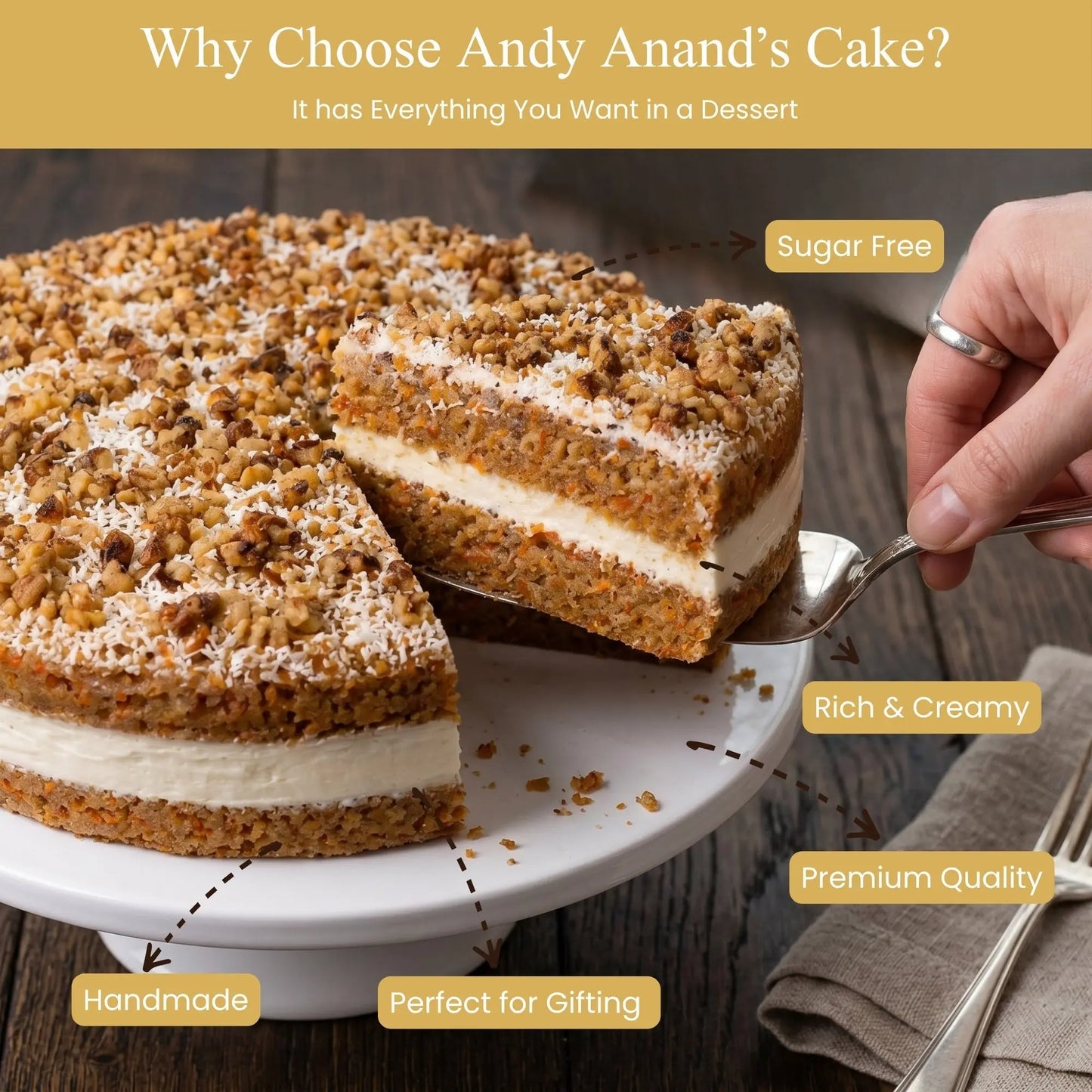 Andy Anand Sugar-Free Carrot Cake, 9-Inch, 3.2 lb – Moist & Flavorful, Diabetic-Friendly, All-Natural, No Preservatives, Birthday Gift Box Andyanand