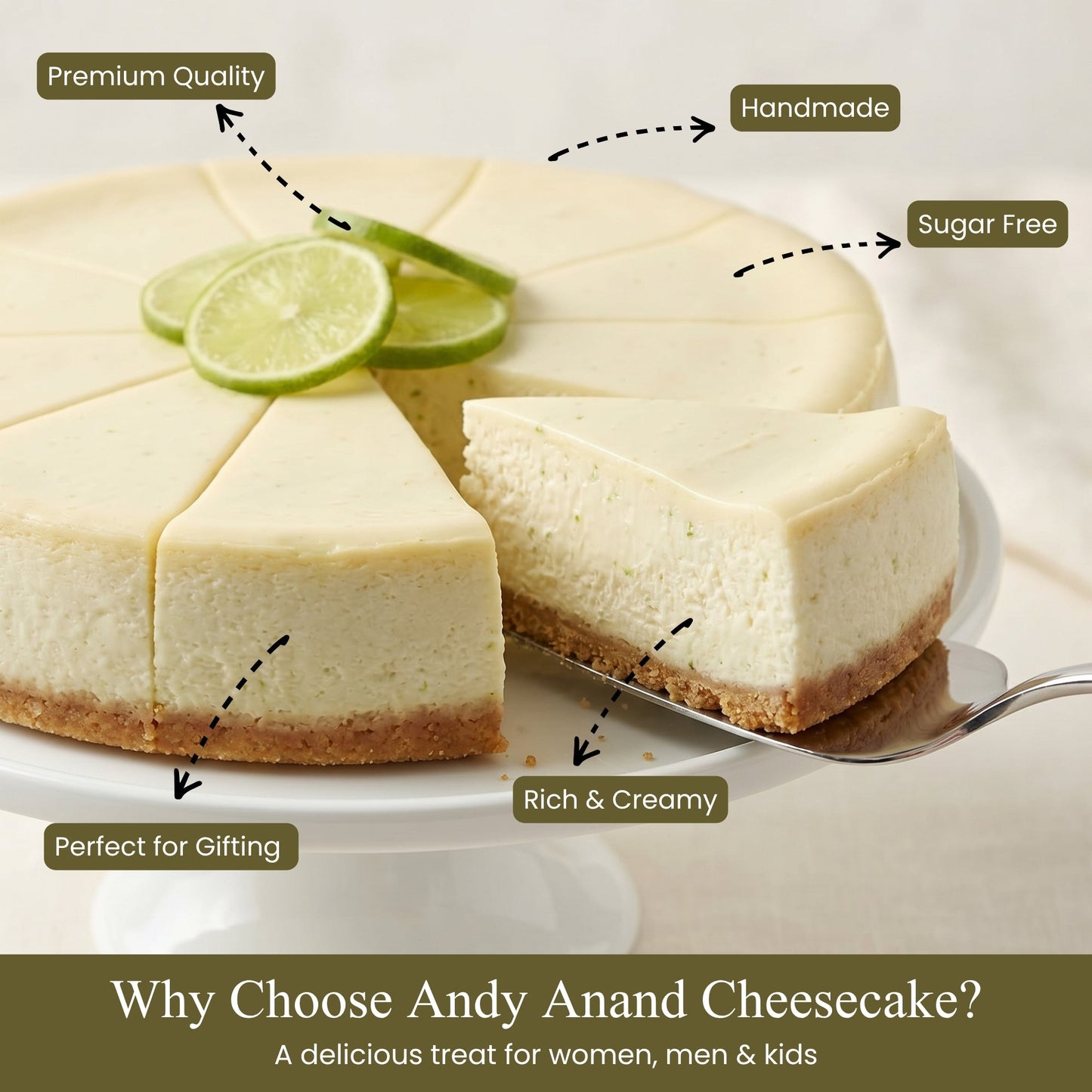 Andy Anand Sugar-Free Key Lime Cheesecake, 9-Inch, 2 lb – No Sugar Added, Diabetic-Friendly, Real California Cream Cheese, Holiday Gift Box - Cozy Notes Coffee Co