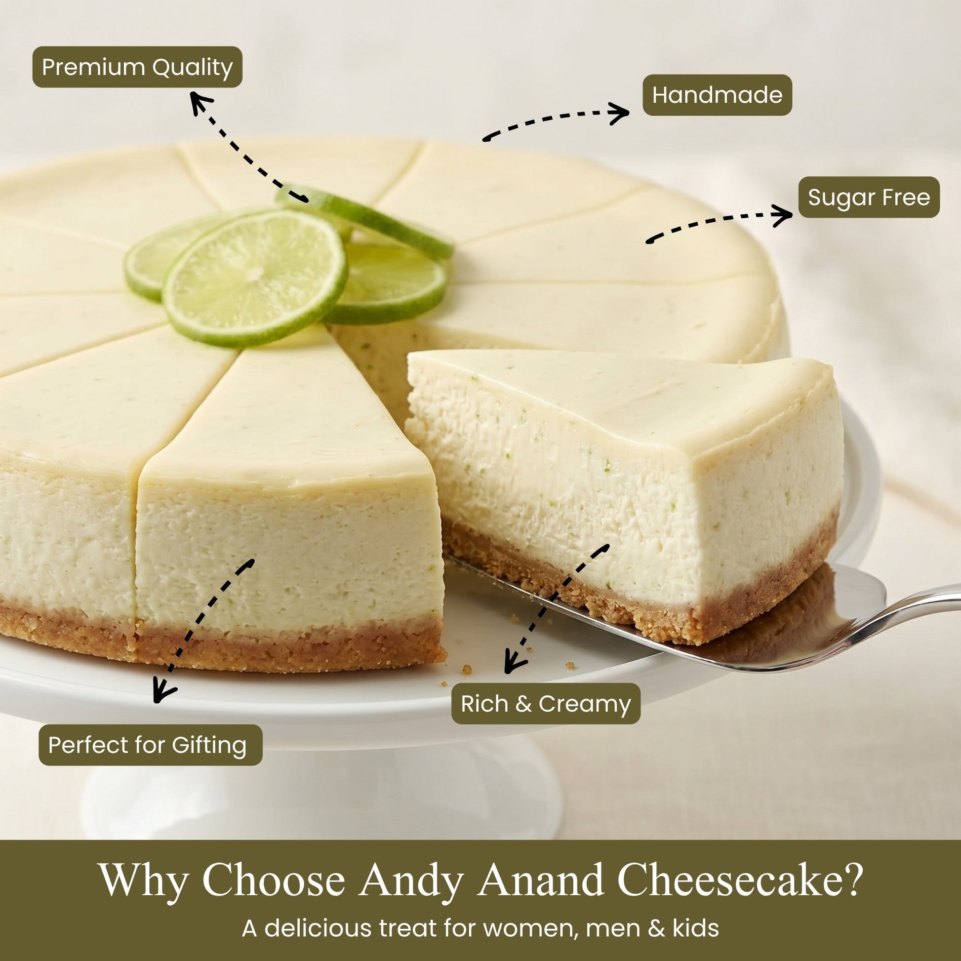 Andy Anand Sugar-Free Key Lime Cheesecake, 9-Inch, 2 lb – No Sugar Added, Diabetic-Friendly, Real California Cream Cheese, Holiday Gift Box - Cozy Notes Coffee Co