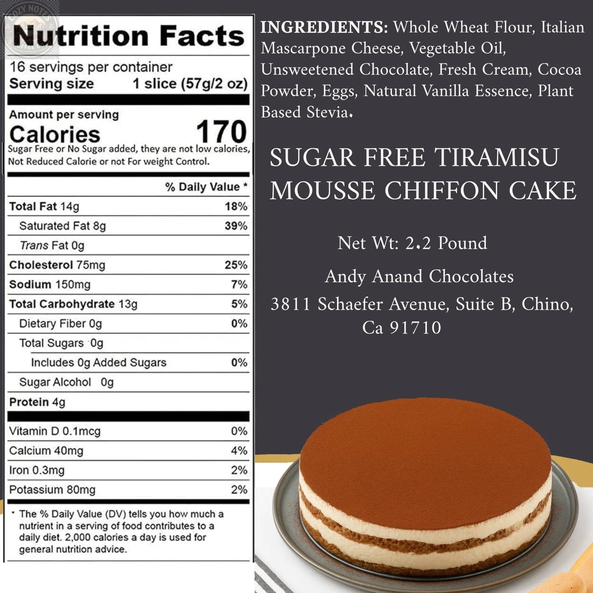 Sugar-Free Tiramisu Mousse Chiffon Cake, 2.2 lb – Coffee Sponge, Mascarpone Mousse Andyanand