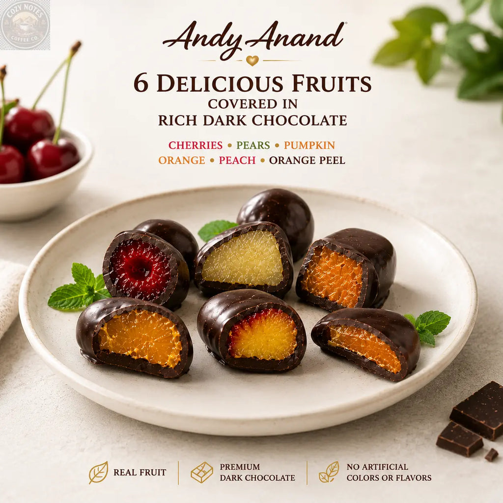 ANDY ANAND Chocolate Covered Fruits Collection Gift Box, 20 Pieces – Cherry, Pear, Pumpkin, Orange, Peach &amp; Orange Peel Covered in Premium Dark Chocolate, Gourmet Fruit Candy Assortment, California Made, Gift Ready Andyanand