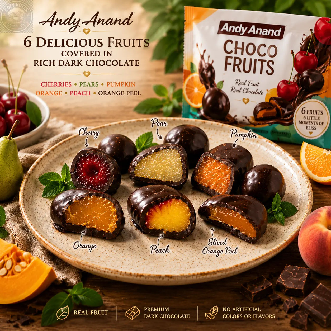 ANDY ANAND Chocolate Covered Fruits Collection Gift Box, 20 Pieces – Cherry, Pear, Pumpkin, Orange, Peach &amp; Orange Peel Covered in Premium Dark Chocolate, Gourmet Fruit Candy Assortment, California Made, Gift Ready Andyanand