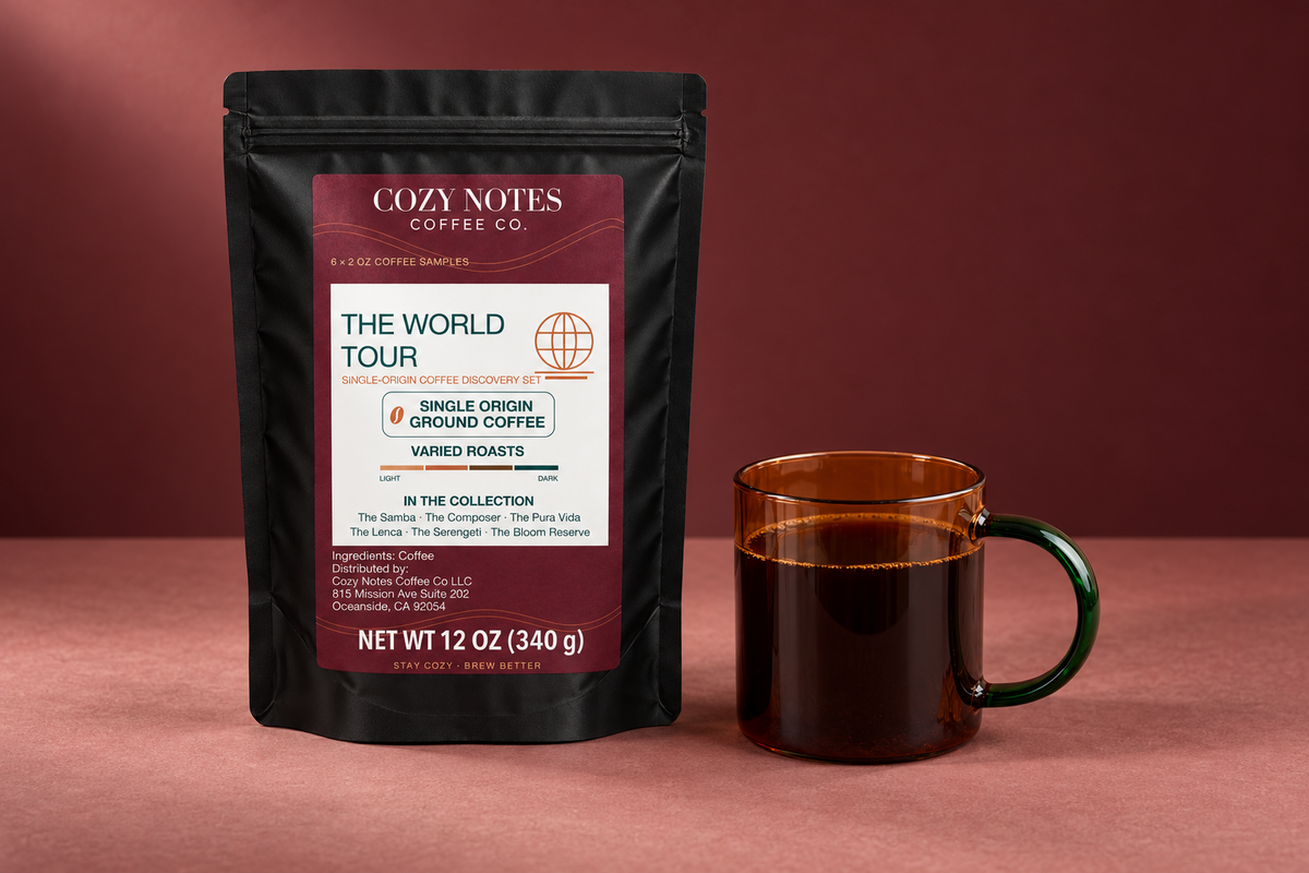 The World Tour discovery-set bag beside an amber glass mug with a green handle.