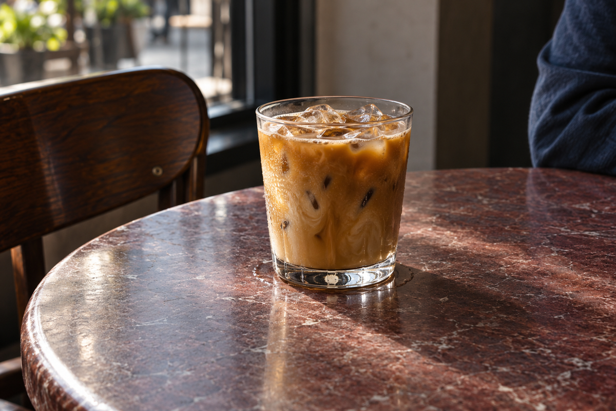 Iced milk coffee on a burgundy café table in natural window light.