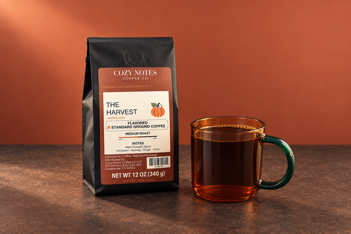 The Harvest pumpkin spice coffee with a cup of black coffee in amber glass.