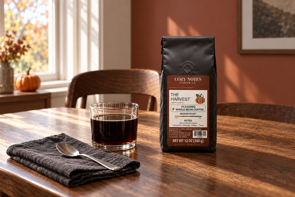 The Harvest pumpkin spice coffee beside a glass of coffee on a walnut table in autumn window light.