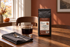 The Harvest pumpkin spice coffee beside a glass of coffee on a walnut table in autumn window light.