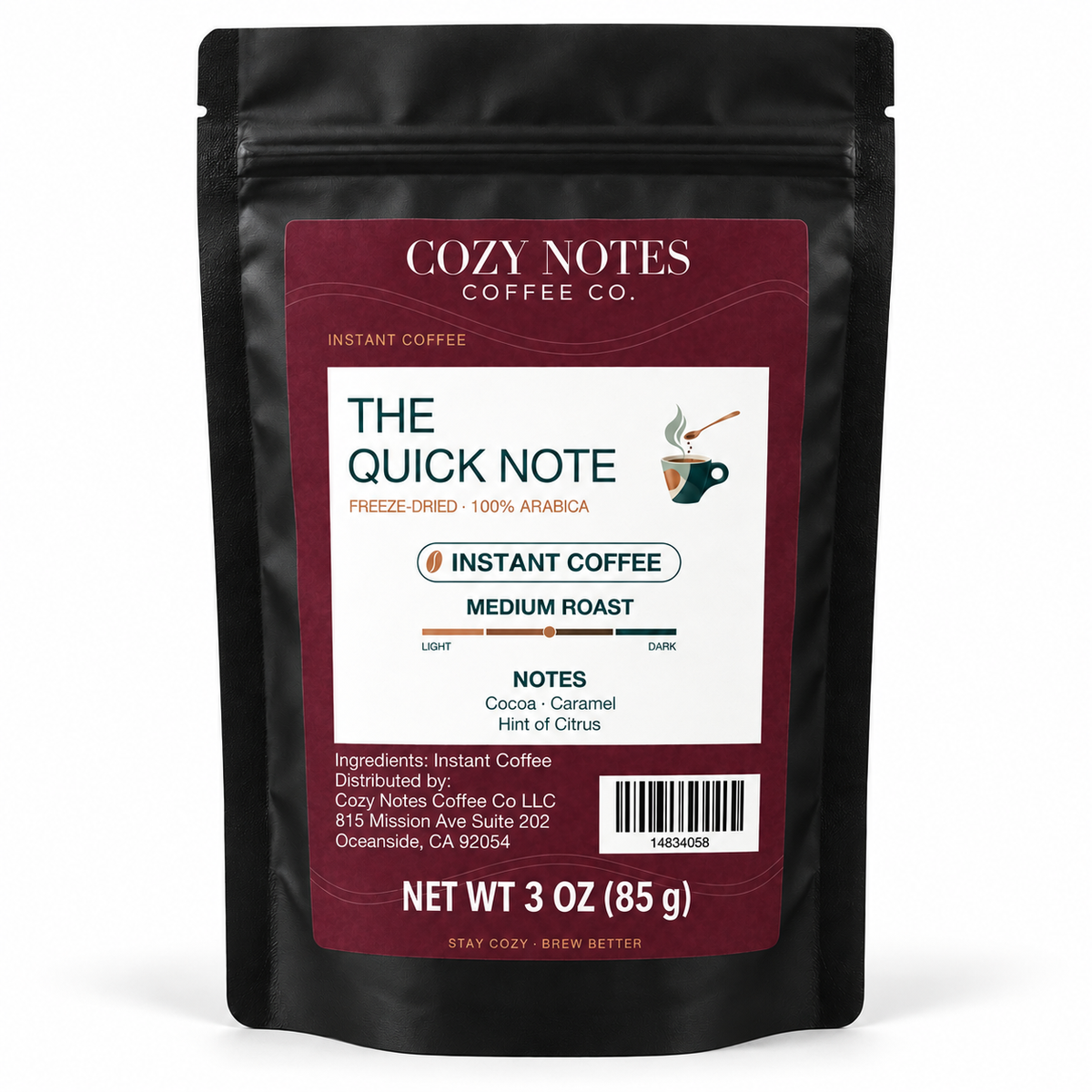 The Quick Note 3 oz instant coffee in a black pouch with a burgundy label on white