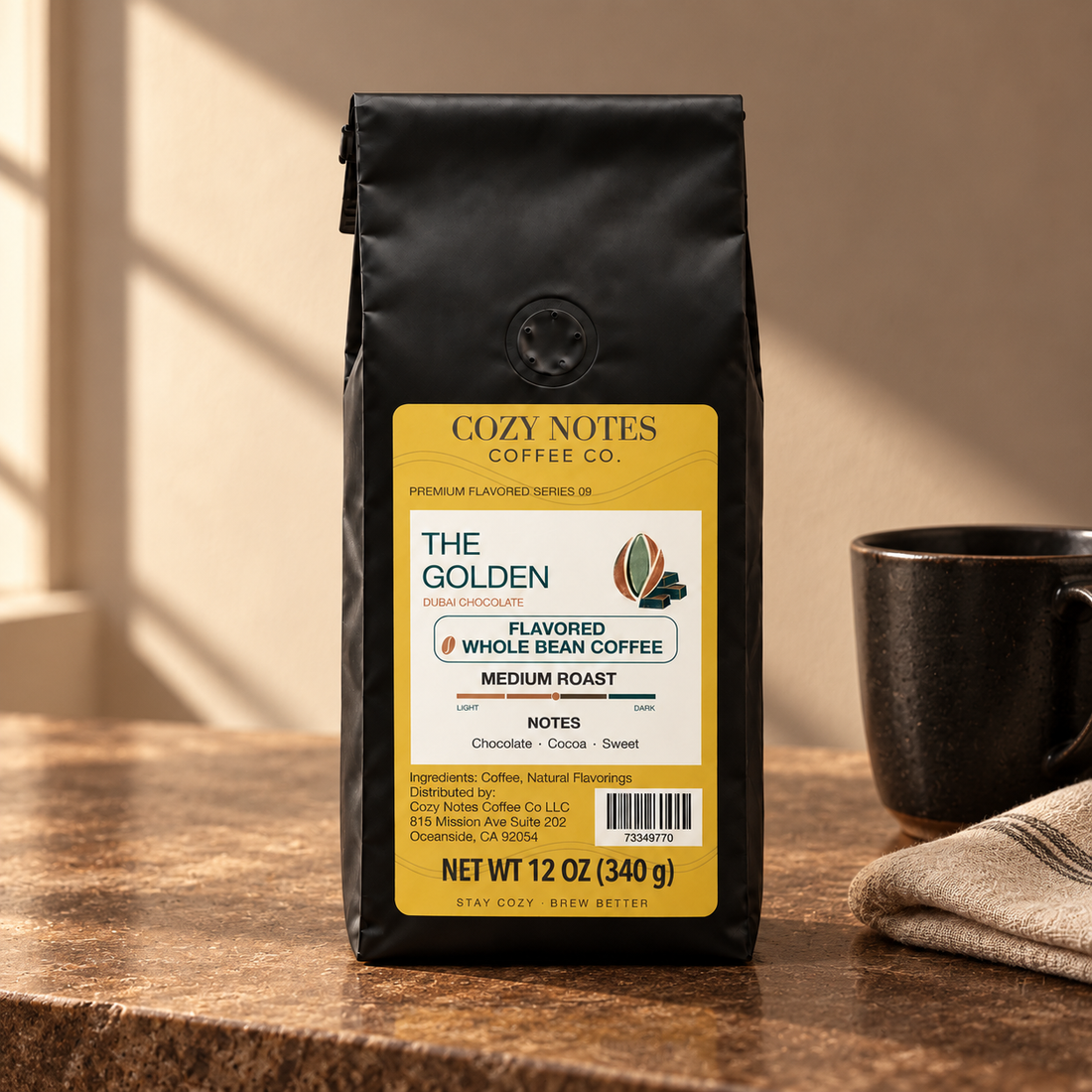 The golden coffee packaging in a café setting