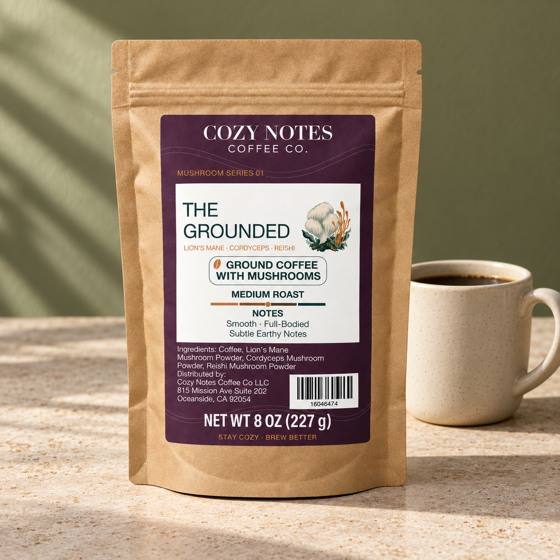The grounded coffee packaging in a café setting