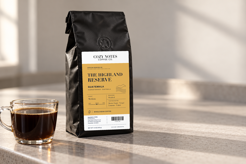 The Highland Reserve — coffee bag with approved label beside brewed coffee.