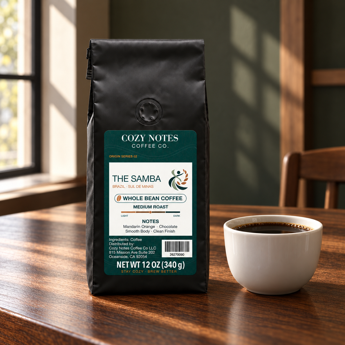 The samba coffee packaging in an editorial café setting