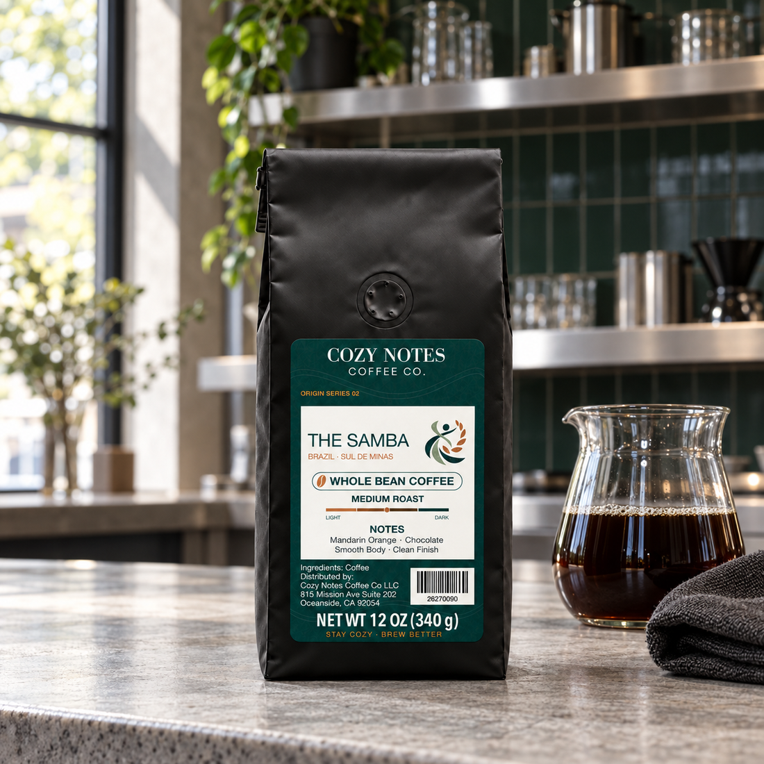 The samba coffee packaging in an editorial café setting