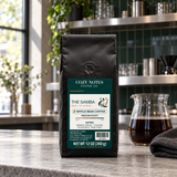 The samba coffee packaging in an editorial café setting
