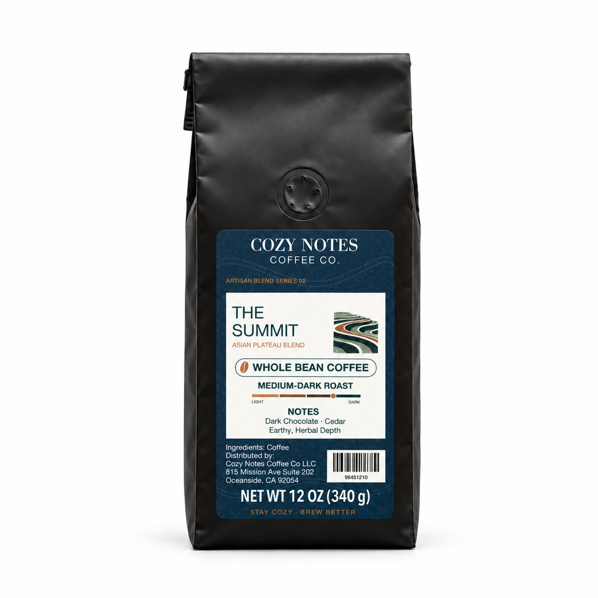 THE SUMMIT, medium-dark roast, whole bean, 12oz — main product photograph.
