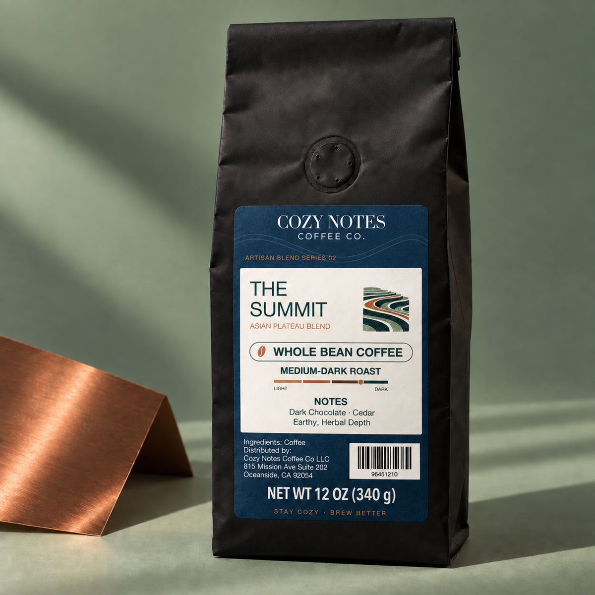 THE SUMMIT, medium-dark roast, whole bean, 12oz — editorial product photograph.