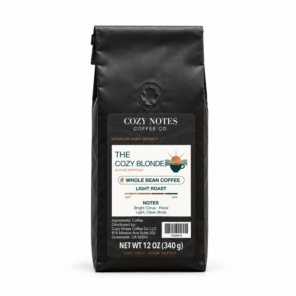 Cozy Notes Coffee THE COZY BLONDE, Whole Bean, 12oz, light roast — front product view on white
