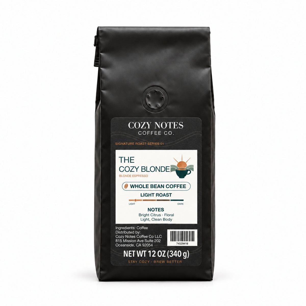 Cozy Notes Coffee THE COZY BLONDE, Whole Bean, 12oz, light roast — front product view on white