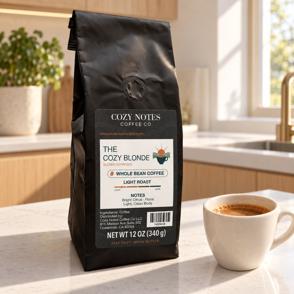 Cozy Notes Coffee THE COZY BLONDE, Whole Bean, 12oz, light roast — coffee setting