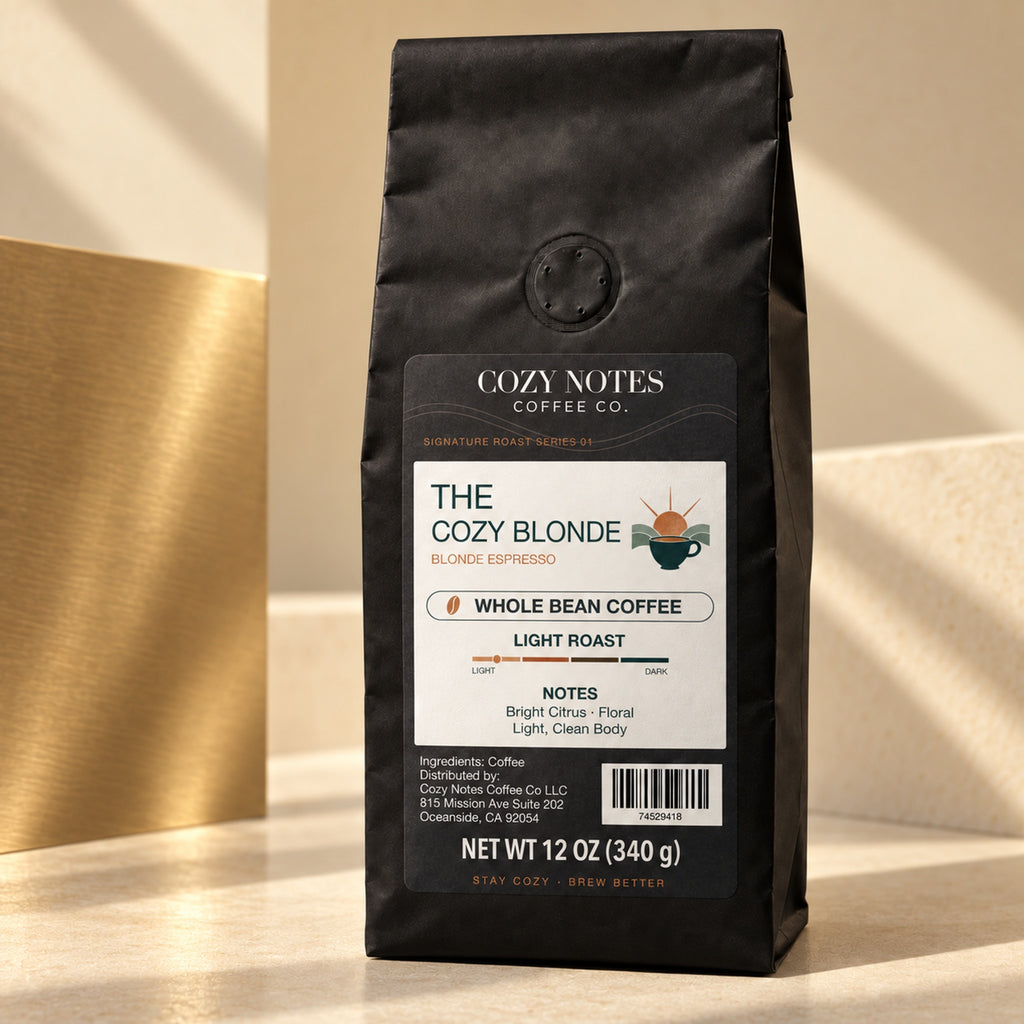 Cozy Notes Coffee THE COZY BLONDE, Whole Bean, 12oz, light roast — editorial product photograph