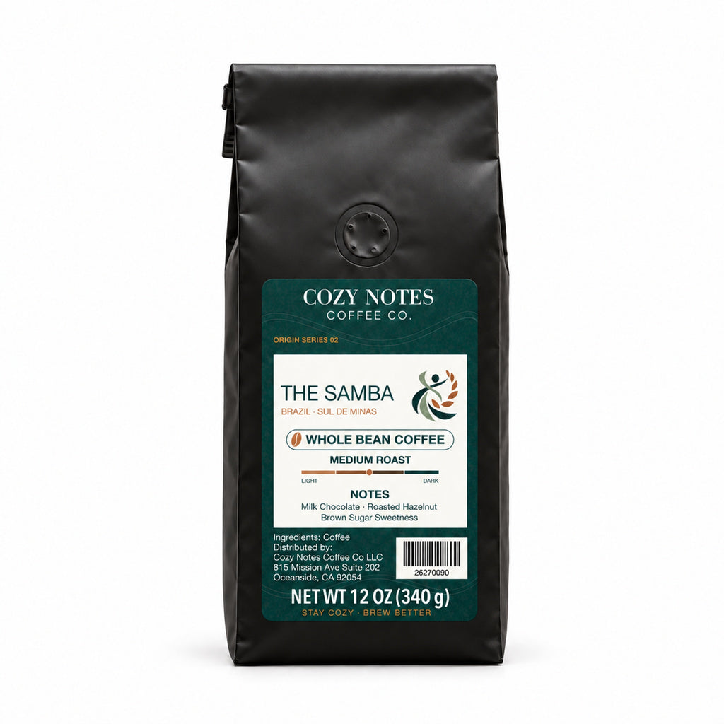 The Samba Brazil Sul de Minas medium roast coffee, whole bean, 12 oz — main photograph.