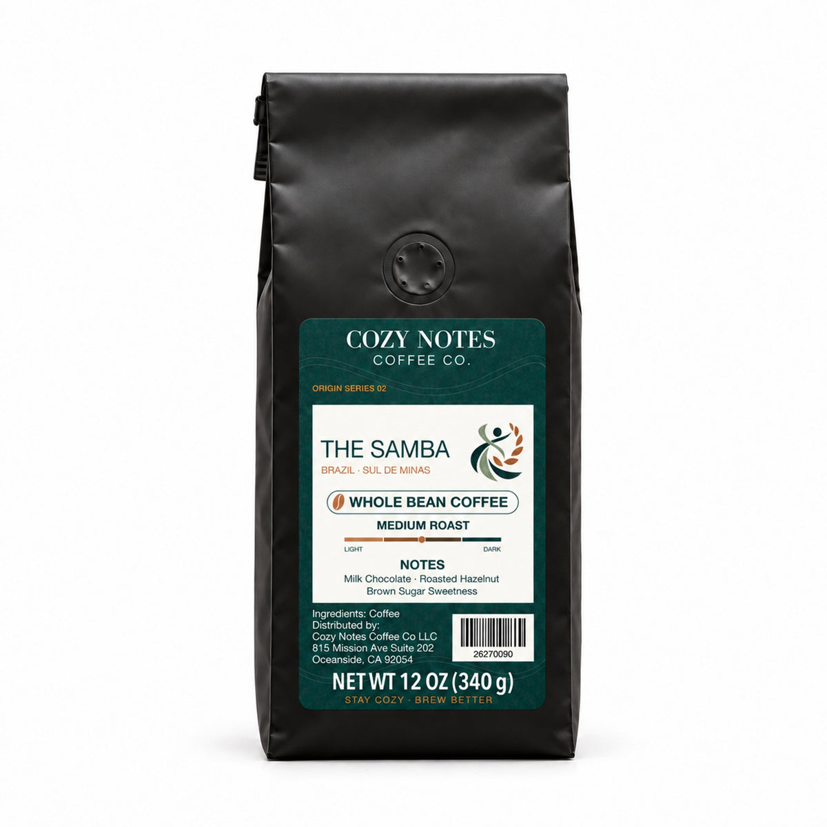 The Samba Brazil Sul de Minas medium roast coffee, whole bean, 12 oz — main photograph.