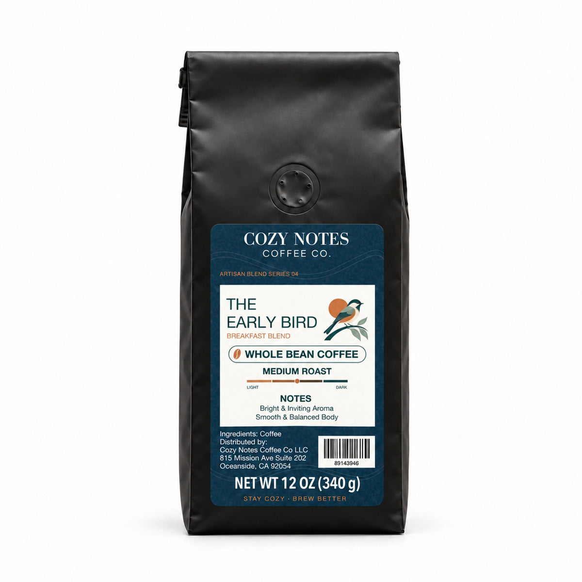 Cozy Notes Coffee THE EARLY BIRD, Whole Bean, 12oz, medium roast — front product view on white