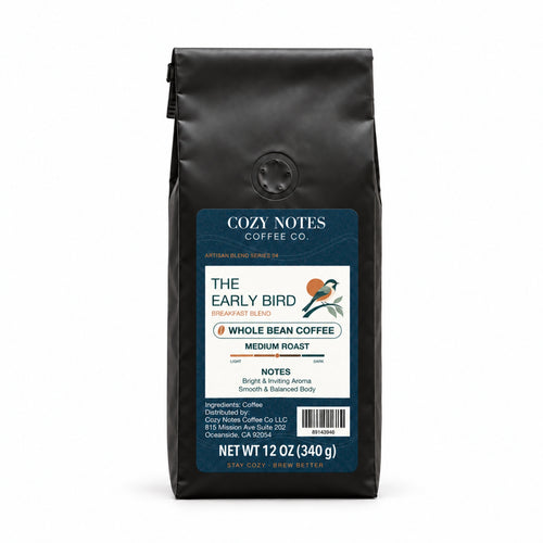 Cozy Notes Coffee THE EARLY BIRD, Whole Bean, 12oz, medium roast — front product view on white