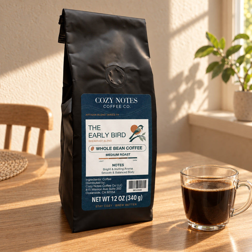 Cozy Notes Coffee THE EARLY BIRD, Whole Bean, 12oz, medium roast — coffee setting