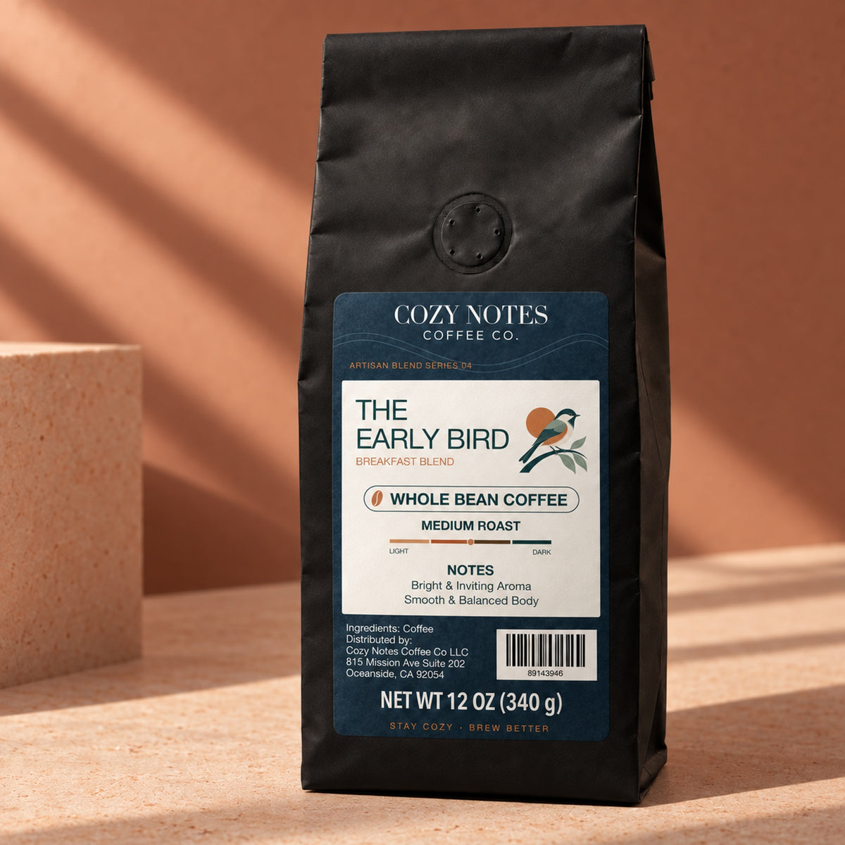 Cozy Notes Coffee THE EARLY BIRD, Whole Bean, 12oz, medium roast — editorial product photograph
