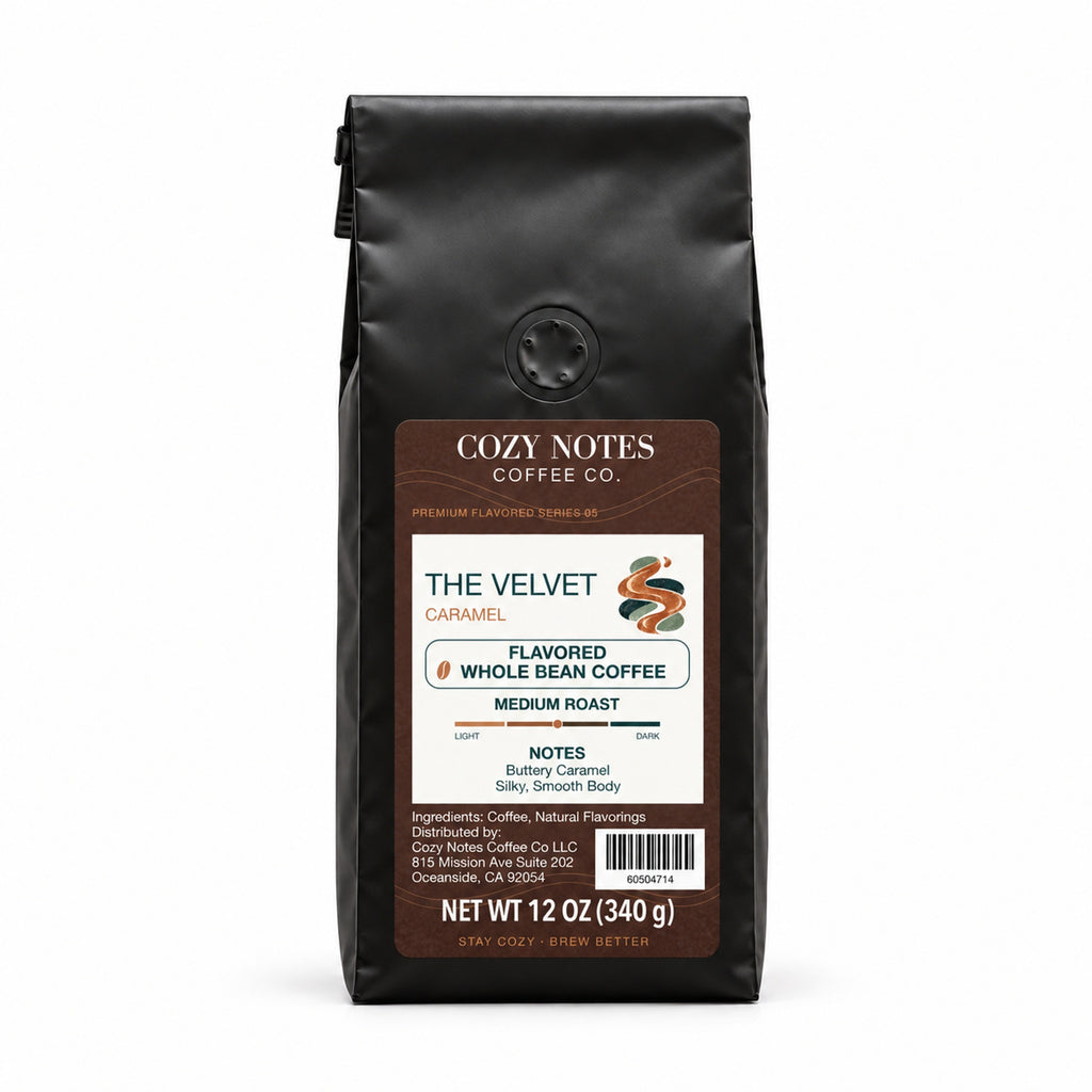 THE VELVET, flavored whole bean coffee, medium roast, 12oz — main photograph.