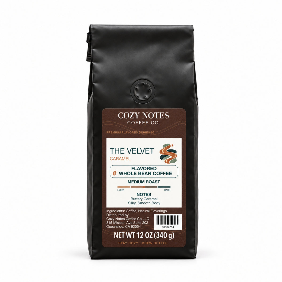THE VELVET, flavored whole bean coffee, medium roast, 12oz — main photograph.